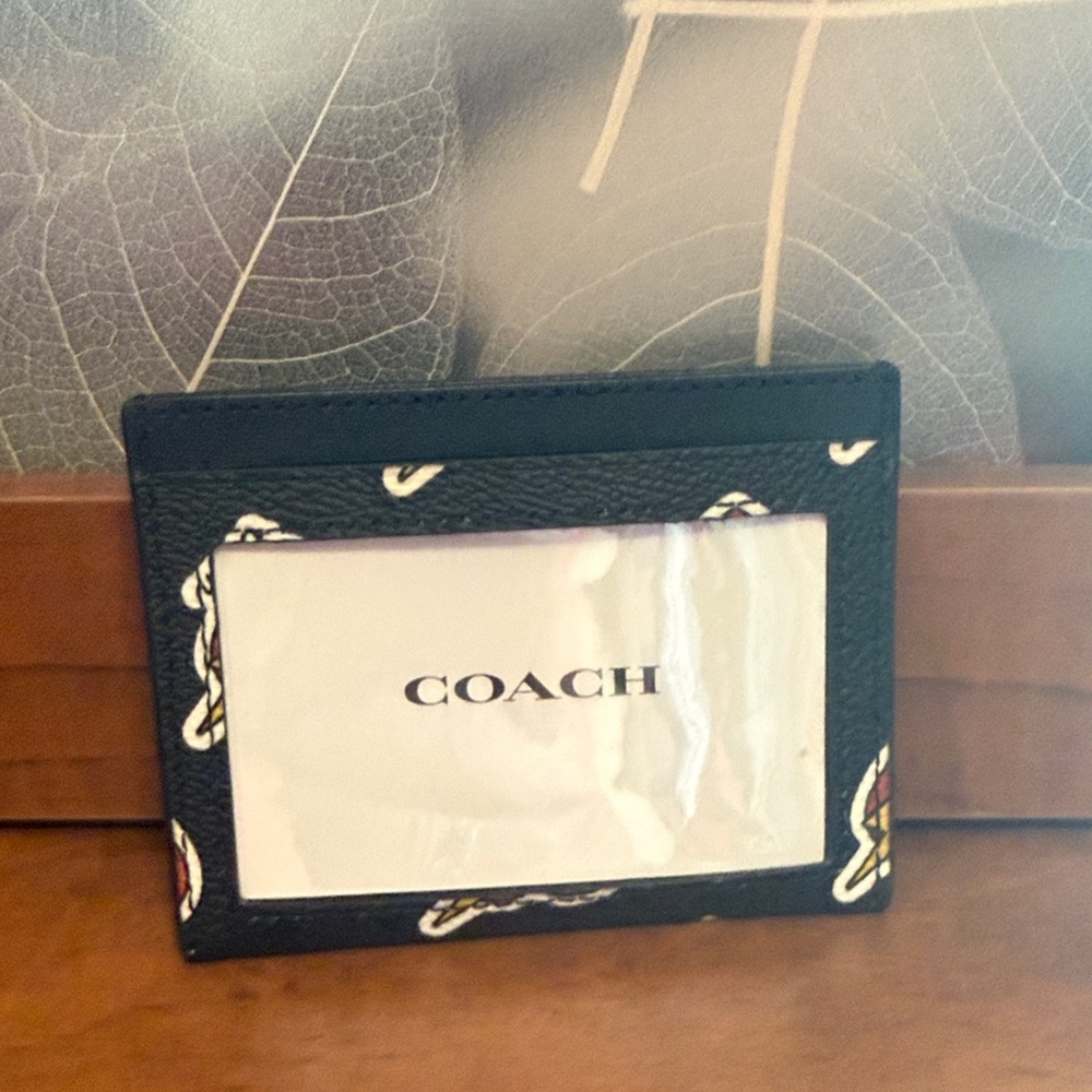 Coach Black Leather Card Holder with Pink Heart and Yellow Lightning Motif - Picture 2 of 4